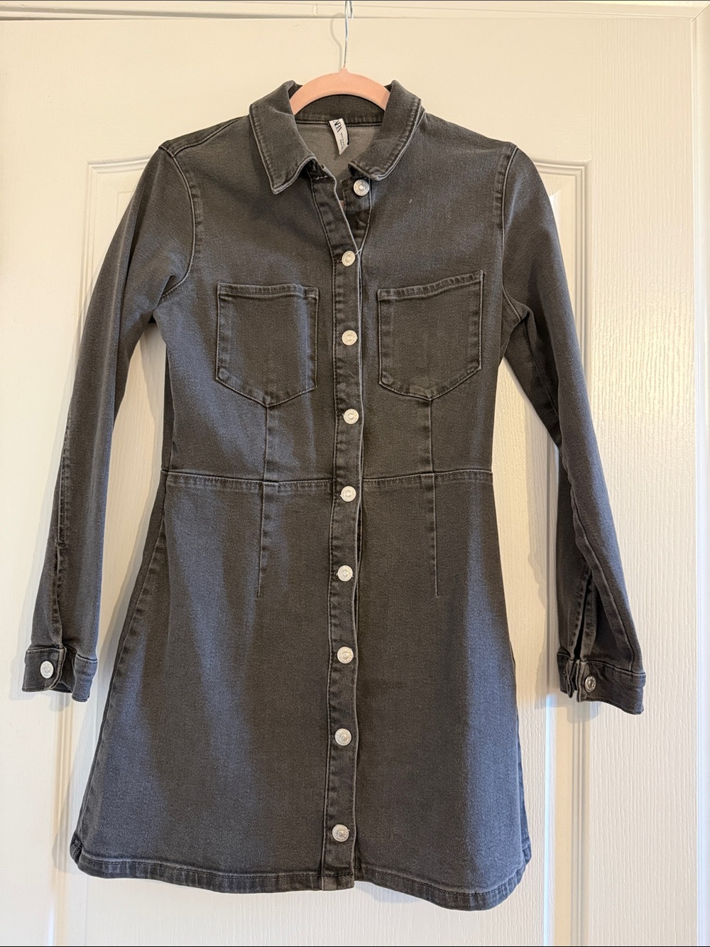 Zara Washed Black Long-Sleeve Button-Front Denim Dress
